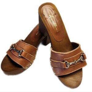 Avellini Made In Italy, Brown Studded Wooden Heel Sandals, Vintage, 8